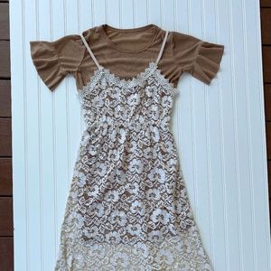 Korean style 2-piece set - Lace neutral knee length dress